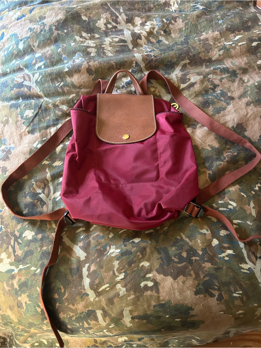 Longchamp Burgundy Nylon Backpack with Brown Trim